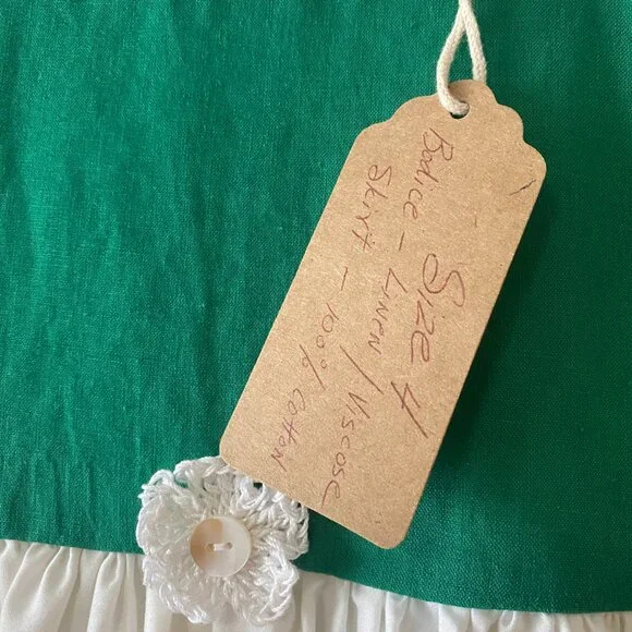 Handmade Children's Green White Linen Viscose Cotton Crochet Flower Dress - Picture 4 of 14